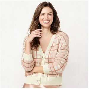 LC Lauren Conrad XL Girly Pink Plaid Super Soft Cardigan Sweater NWT